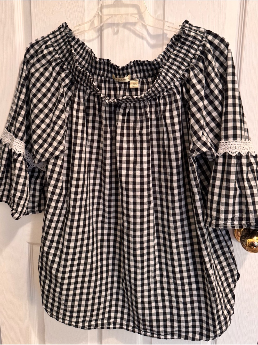 Studio West Black & White Gingham Peasant Blouse